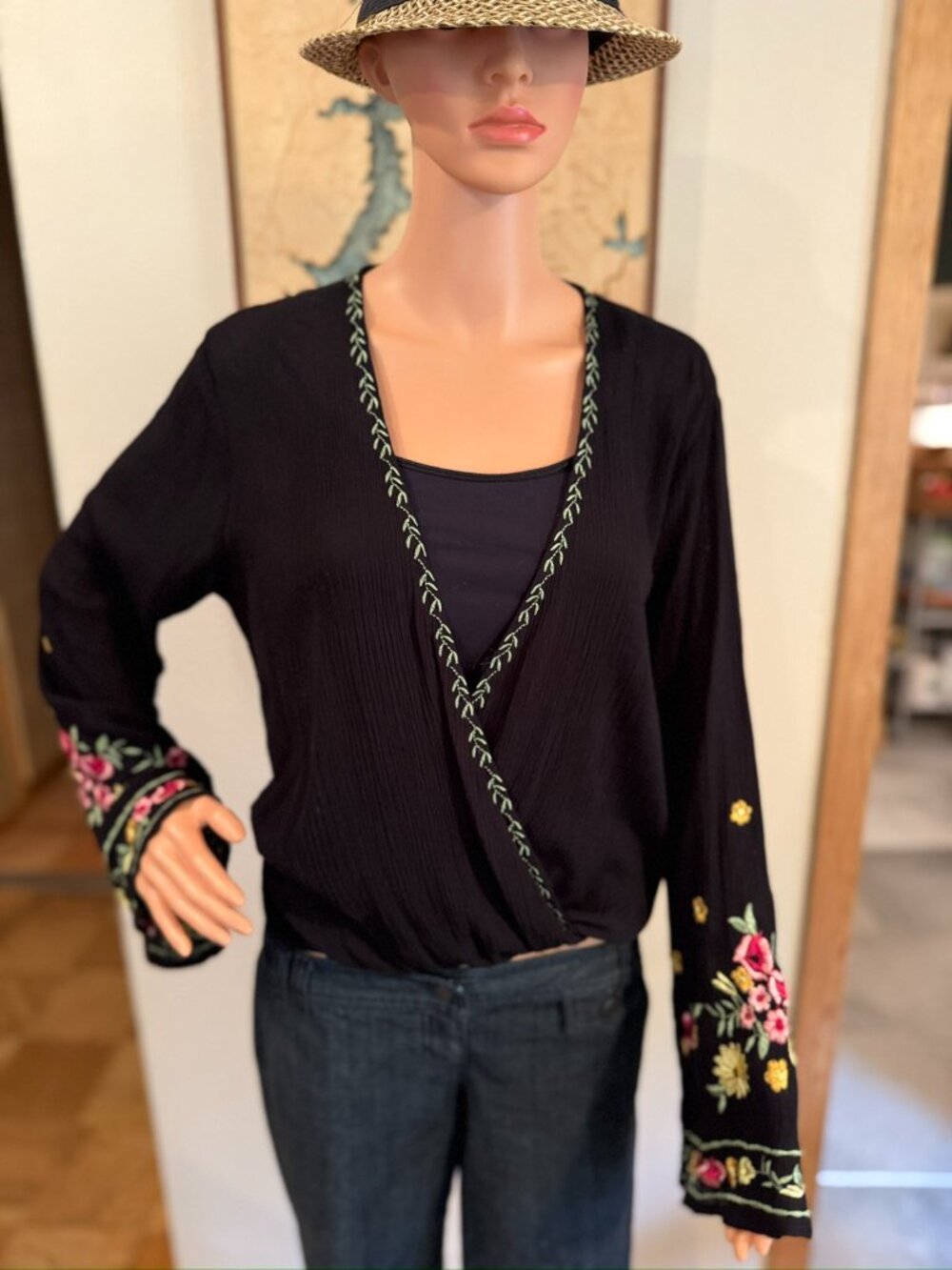 🌸 Lovestitch Black Embroidered Wrap Blouse | Bell Sleeves | Size Small